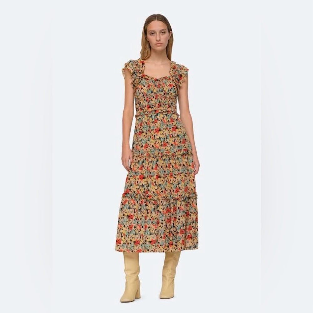 NWT $525 Sea Ensley Silk Tiered Cap Sleeve Floral Print Midi Dress